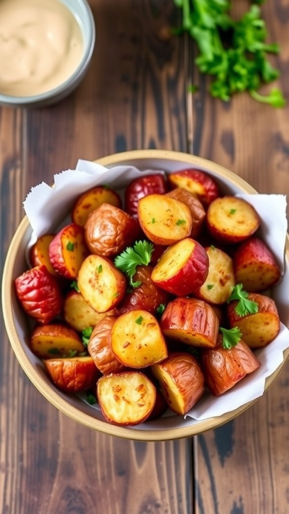 Crispy Air Fryer Red Potatoes Recipe Crispy air fryer red potatoes garnished with parsley in a bowl on a wooden table.